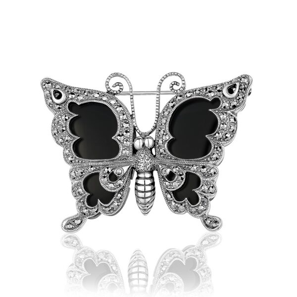 Sterling Silver Onyx Butterfly Brooch