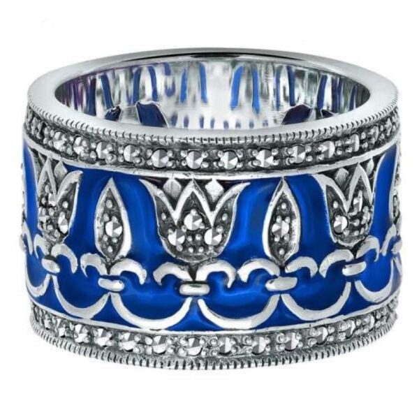 Silver Marcasite & Blue Enamel Crown Ring