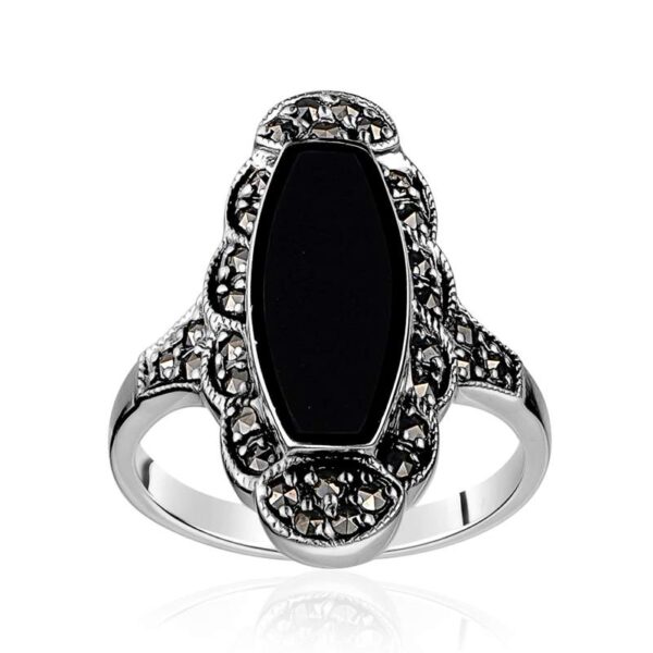 Designer Silver Onyx and Marcasite Ring