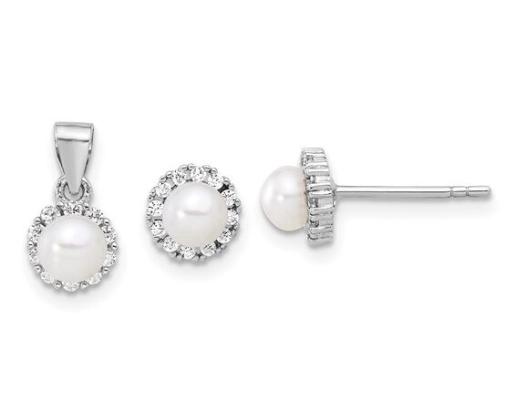 Sterling Silver Pearl with CZ Halo Pendant & Earring Set