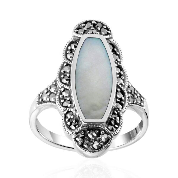 Designer Silver Mother of Pearl and Marcasite Ring