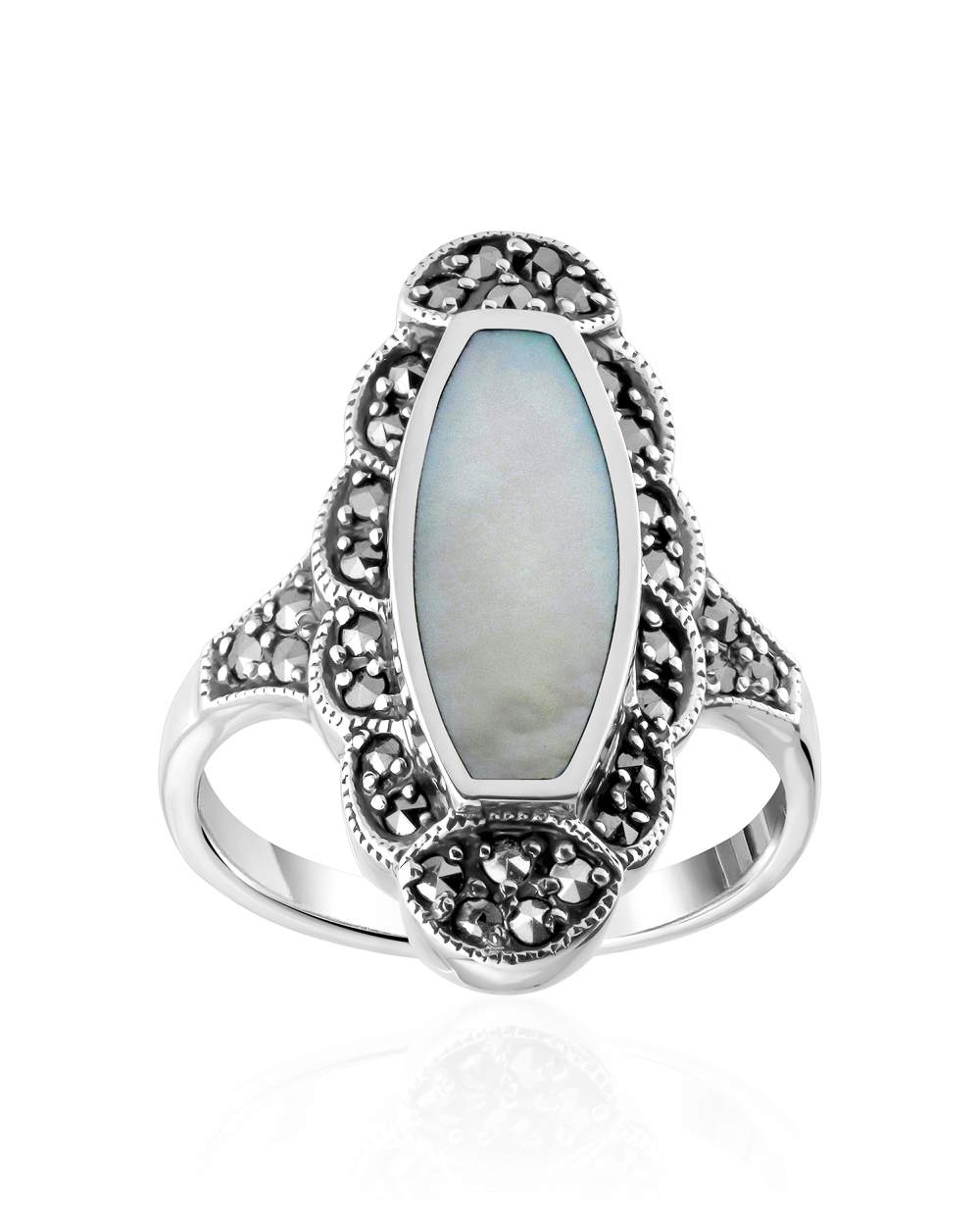Designer Silver Mother of Pearl and Marcasite Ring