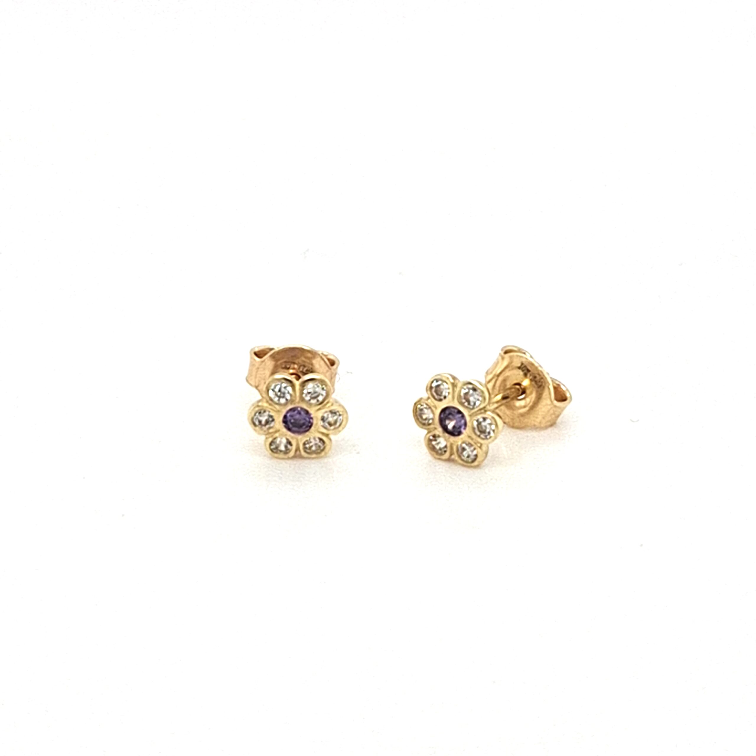 10K Gold Purple Flower CZ Earrings
